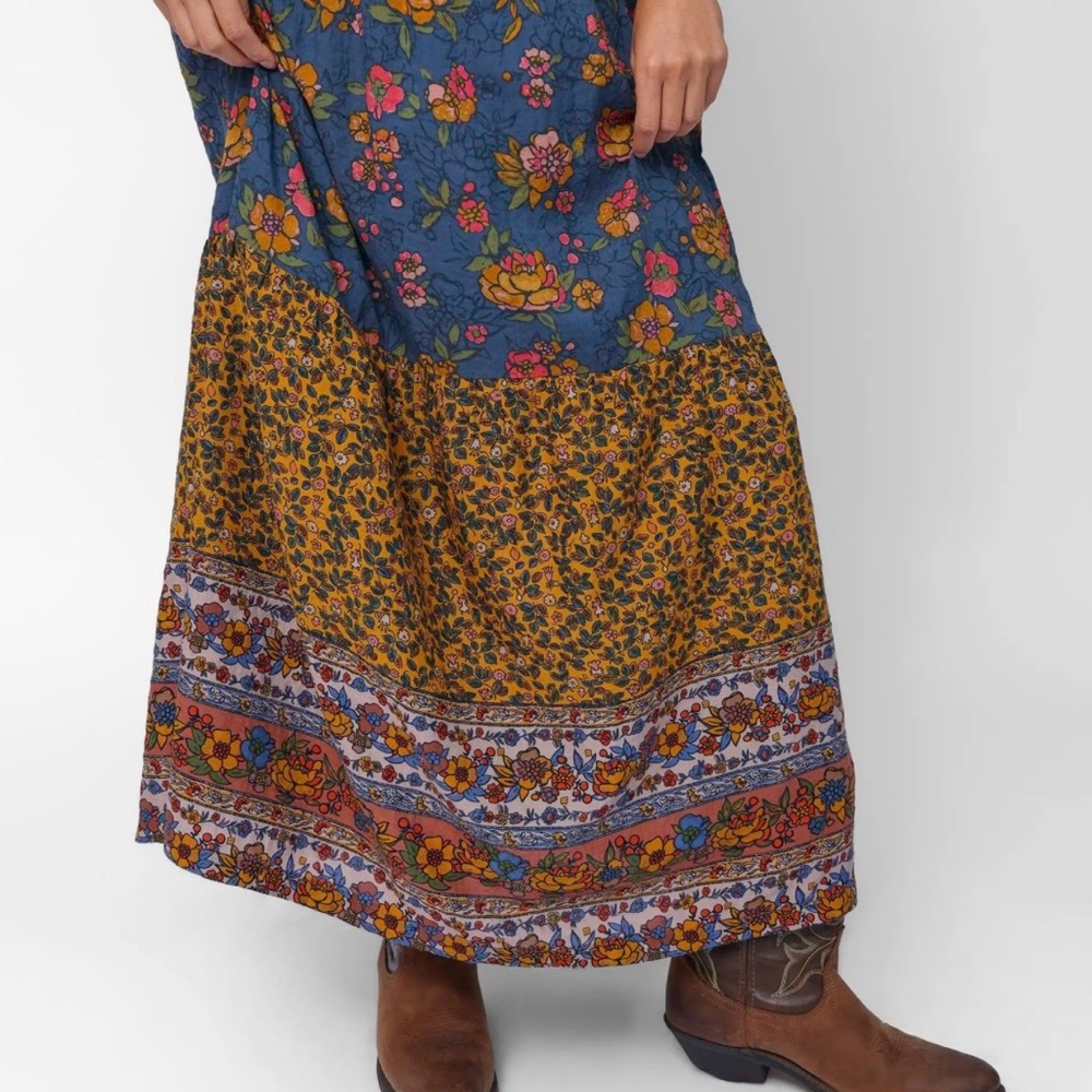 NATURAL LIFE Blue and Mustard Patchwork Floral Maxi Skirt